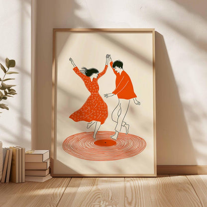 Dancing Couple Wall Art Print, Retro Record Player Poster, Modern Music Inspired Illustration for Home Bar or Living Room