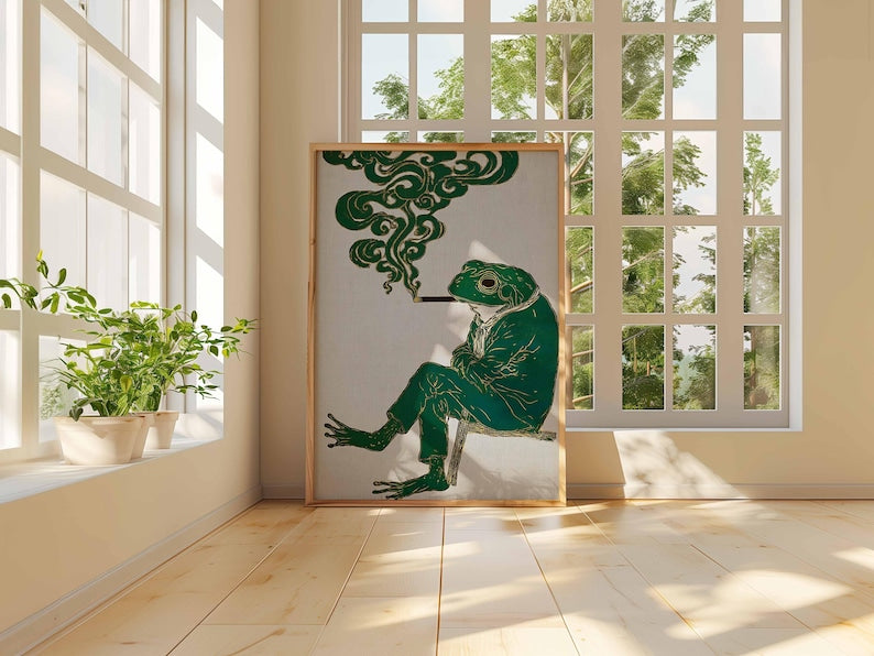 Surreal Frog Art Print, Vintage Japanese Poster, Retro Home Decor