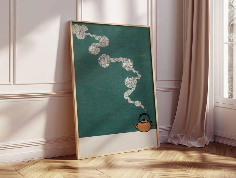 Japanese Teapot Art Print, Minimalist Zen Wall Art Poster, Vintage Asian Kitchen Decor, Modern Boho Tea Artwork for Home
