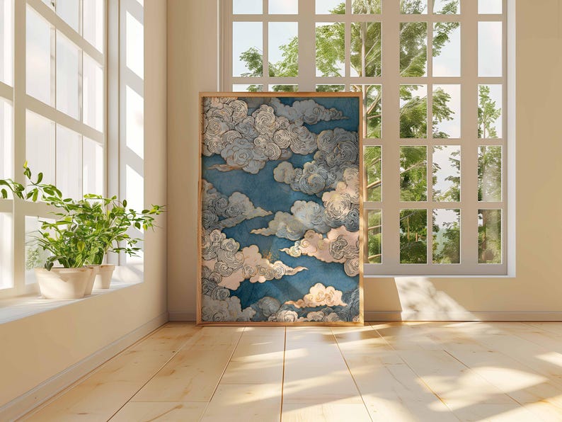 Japanese Cloud Art Poster, Blue and Gold Sky Print, Traditional Woodblock Style, Elegant Japanese Decor, Zen Minimalist Wall Art