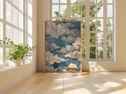 Japanese Cloud Art Poster, Blue and Gold Sky Print, Traditional Woodblock Style, Elegant Japanese Decor, Zen Minimalist Wall Art
