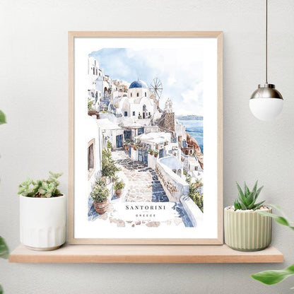 Santorini Watercolor Painting Art Print - Europe Travel Poster with Greece Santorini Landscape - Travel Gift - Moving Gift - New Home Gift