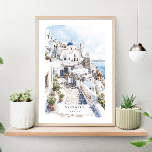 Santorini Watercolor Painting Art Print - Europe Travel Poster with Greece Santorini Landscape - Travel Gift - Moving Gift - New Home Gift