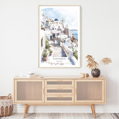 Santorini Watercolor Painting Art Print - Europe Travel Poster with Greece Santorini Landscape - Travel Gift - Moving Gift - New Home Gift