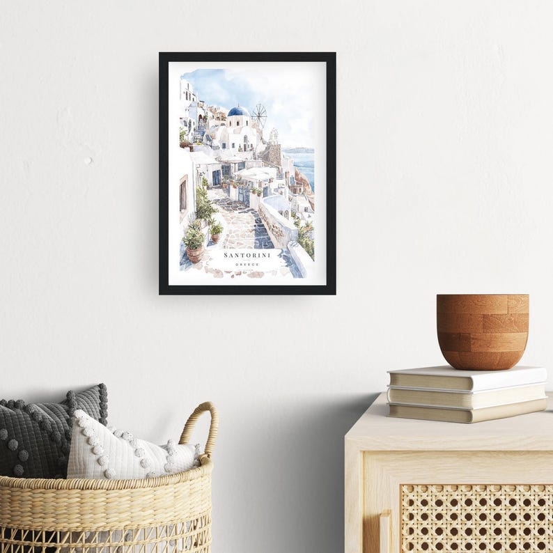 Santorini Watercolor Painting Art Print - Europe Travel Poster with Greece Santorini Landscape - Travel Gift - Moving Gift - New Home Gift
