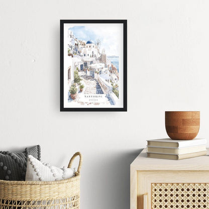 Santorini Watercolor Painting Art Print - Europe Travel Poster with Greece Santorini Landscape - Travel Gift - Moving Gift - New Home Gift