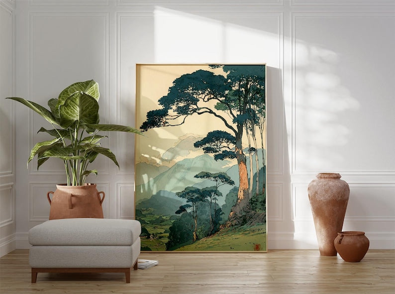 Vintage Japanese Forest Poster, Tranquil Mountain Landscape Wall Art, Retro Nature Print, Minimalist Tree Scene, Serene Home Decor