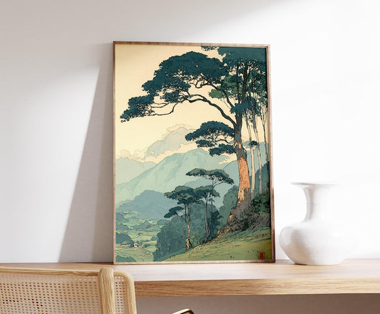 Vintage Japanese Forest Poster, Tranquil Mountain Landscape Wall Art, Retro Nature Print, Minimalist Tree Scene, Serene Home Decor