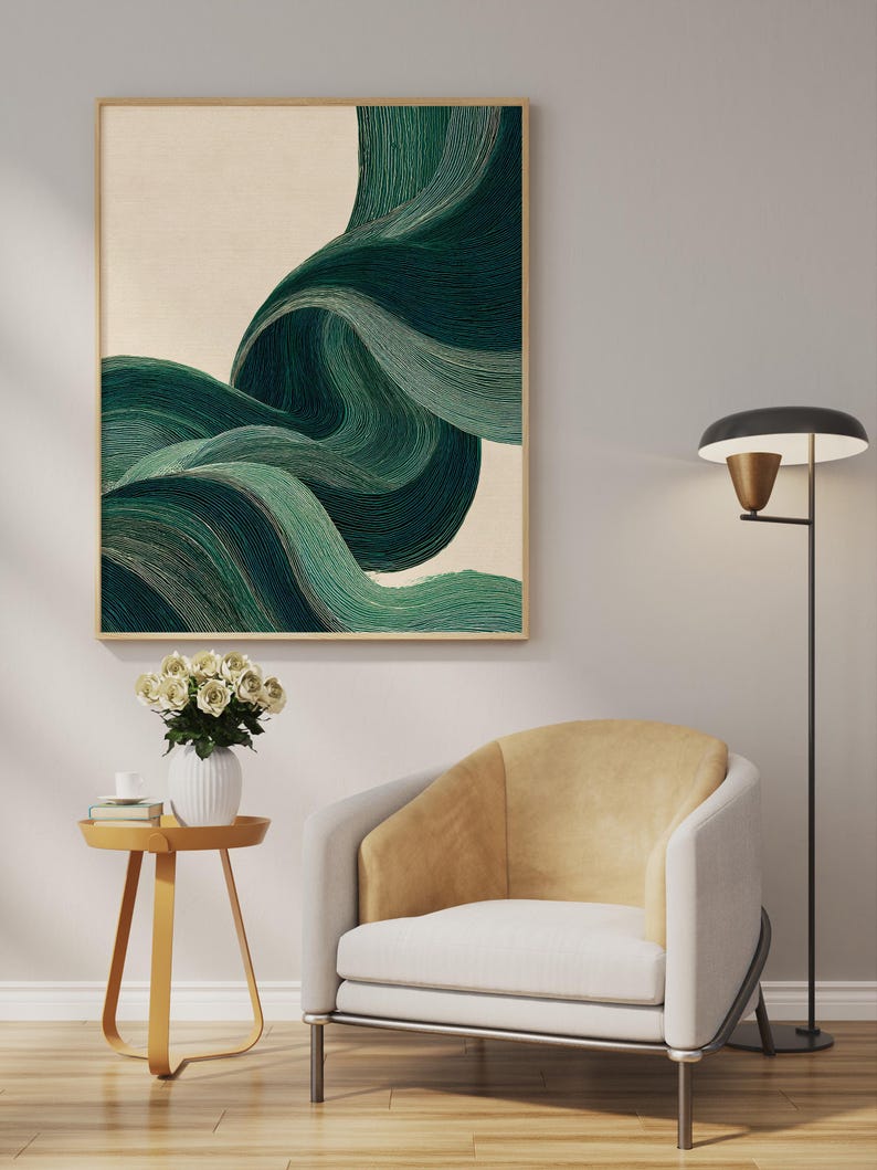 Japandi Green Wave Art Print | Minimalist Zen Poster
