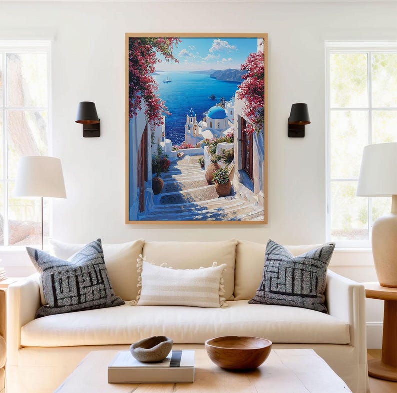 Santorini Greece Coastal Scenic Landscape Wall Art Greek Island Blue White Seaside Painting Poster Dreamy Aegean Sea Travel Lover Print