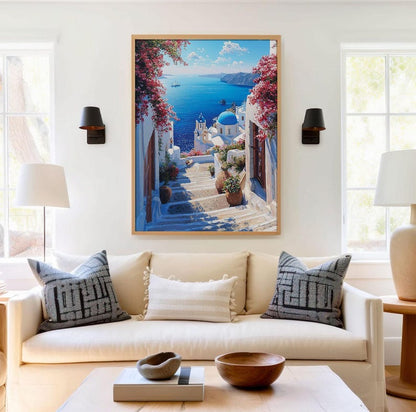 Santorini Greece Coastal Scenic Landscape Wall Art Greek Island Blue White Seaside Painting Poster Dreamy Aegean Sea Travel Lover Print