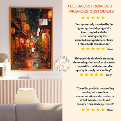 Tokyo Japan Oil Painting – Lantern Street Night Scene Wall Art, Asian Cityscape Urban Decor Print