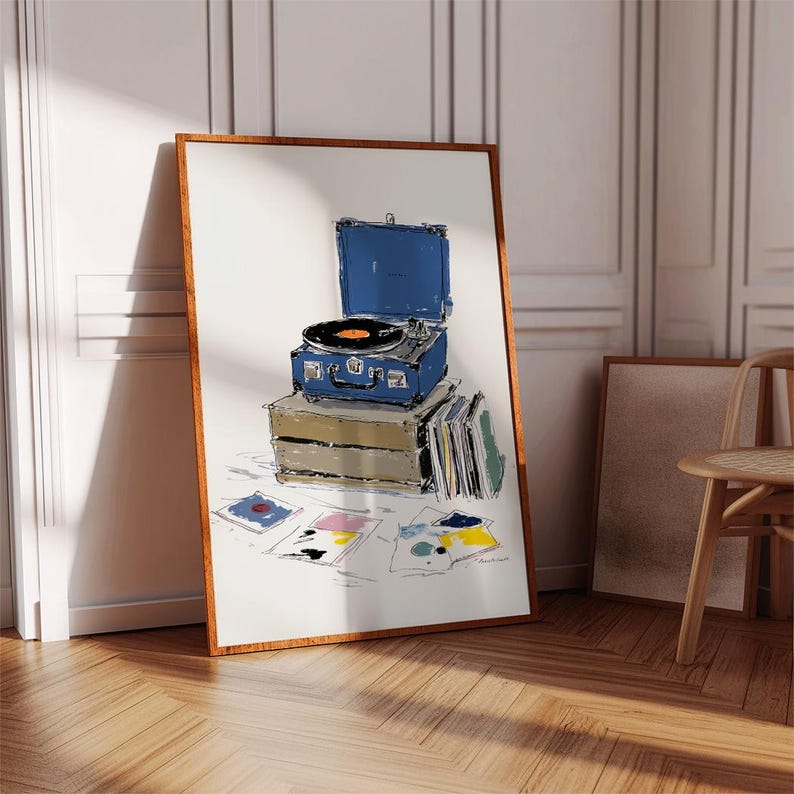 Minimalist Blue Record Player Art Print, Music Room Decor