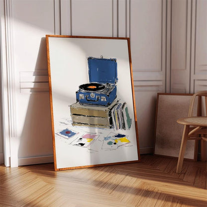 Minimalist Blue Record Player Art Print, Music Room Decor