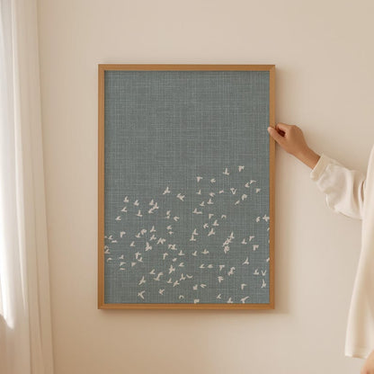 Blue Flock of Birds Poster for Japandi Scandi or Nordic Style Home Decor, available in populair sizes such as 18x24", 20x30" and 50x70cm
