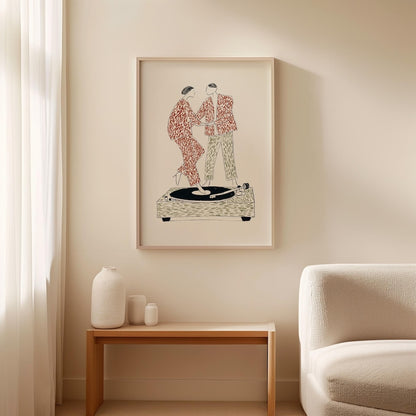 Dancing Couple Print in Minimalist Illustration Style with Earthy Neutral Tones