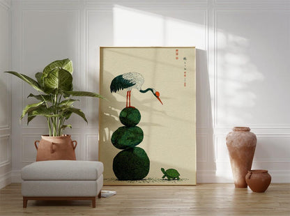 Crane and Turtle Wall Art Print, Japanese Symbolism Poster, Minimal Nature Illustration