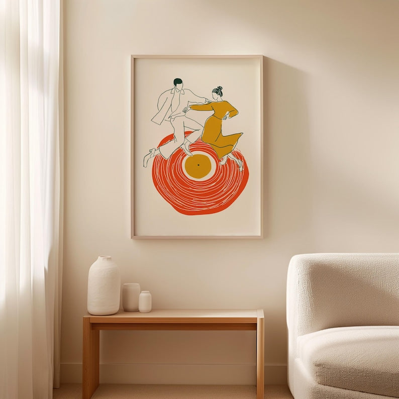 Dancing Couple Poster in Minimal Line Illustration Style with Orange and Yellow Tones