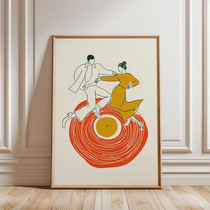 Dancing Couple Poster in Minimal Line Illustration Style with Orange and Yellow Tones