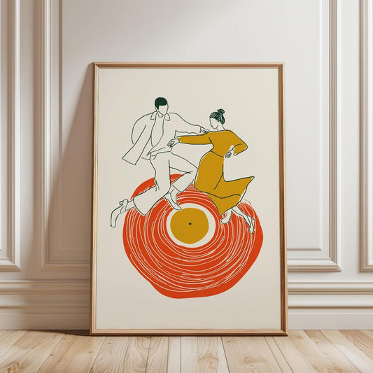 Dancing Couple Poster in Minimal Line Illustration Style with Orange and Yellow Tones