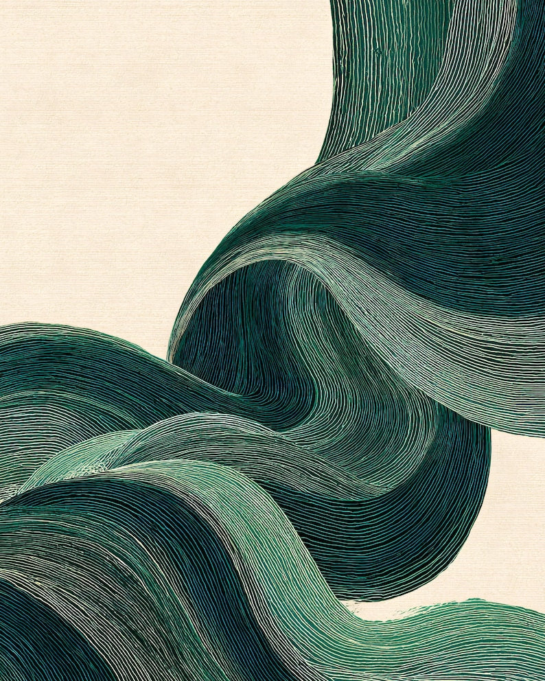 Japandi Green Wave Art Print | Minimalist Zen Poster
