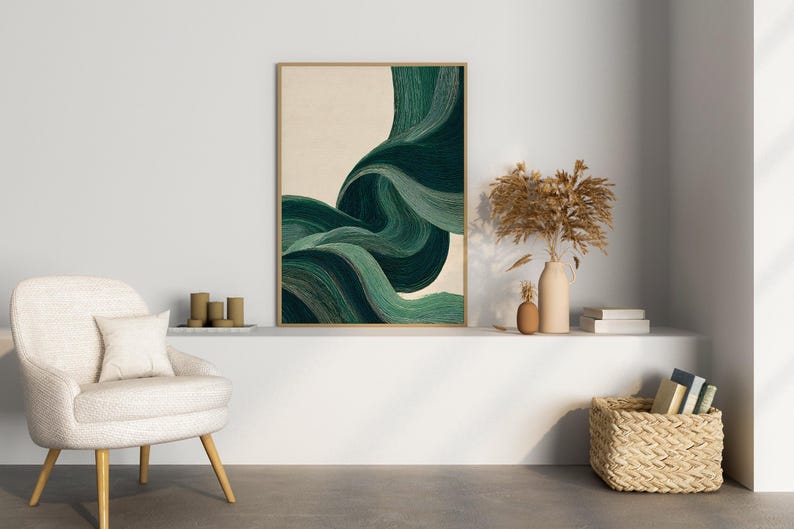 Japandi Green Wave Art Print | Minimalist Zen Poster
