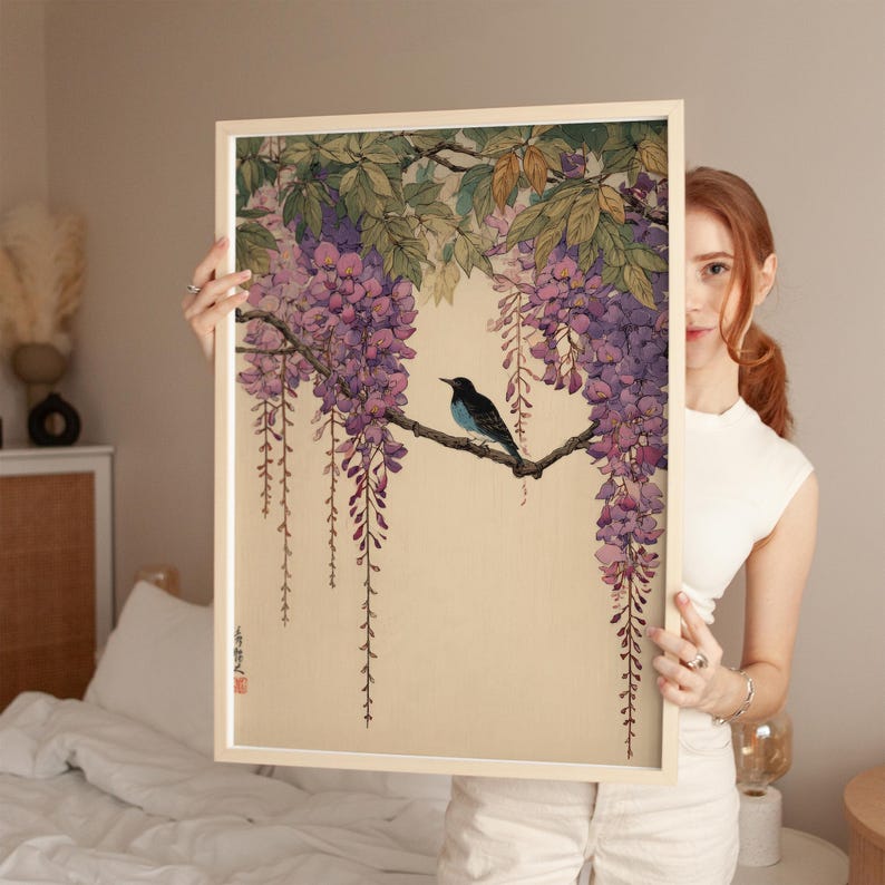 Bird And Wisteria, Traditional Japanese Wall Art Print, Vintage Floral Poster
