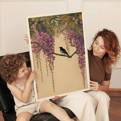 Bird And Wisteria, Traditional Japanese Wall Art Print, Vintage Floral Poster