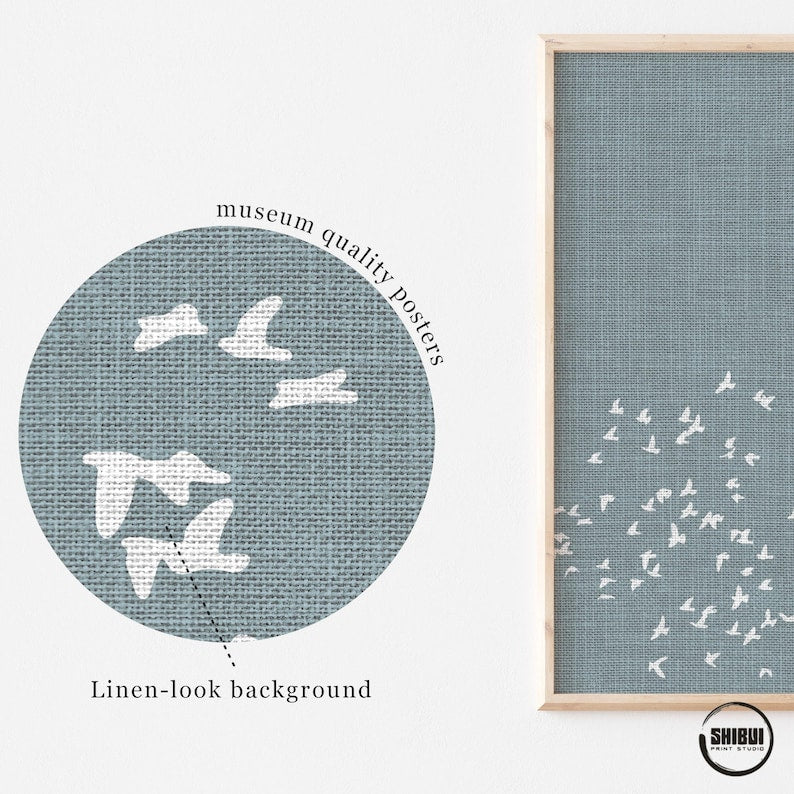 Blue Flock of Birds Poster for Japandi Scandi or Nordic Style Home Decor, available in populair sizes such as 18x24", 20x30" and 50x70cm