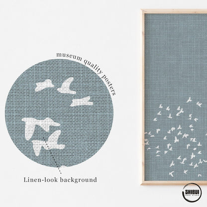 Blue Flock of Birds Poster for Japandi Scandi or Nordic Style Home Decor, available in populair sizes such as 18x24", 20x30" and 50x70cm