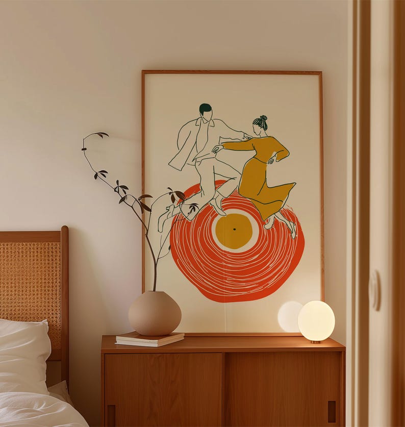 Dancing Couple Poster in Minimal Line Illustration Style with Orange and Yellow Tones