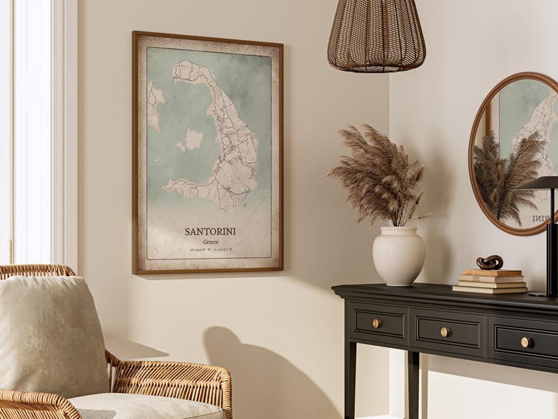Classic Santorini Map Print, Antique Grunge Wall Art, Santorini Poster, Island Retreat Decor, Greece Art
