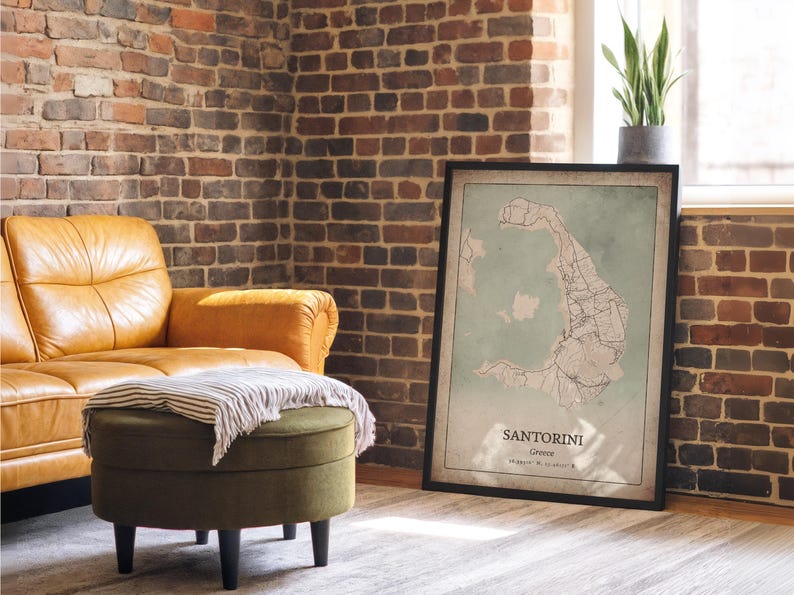 Classic Santorini Map Print, Antique Grunge Wall Art, Santorini Poster, Island Retreat Decor, Greece Art