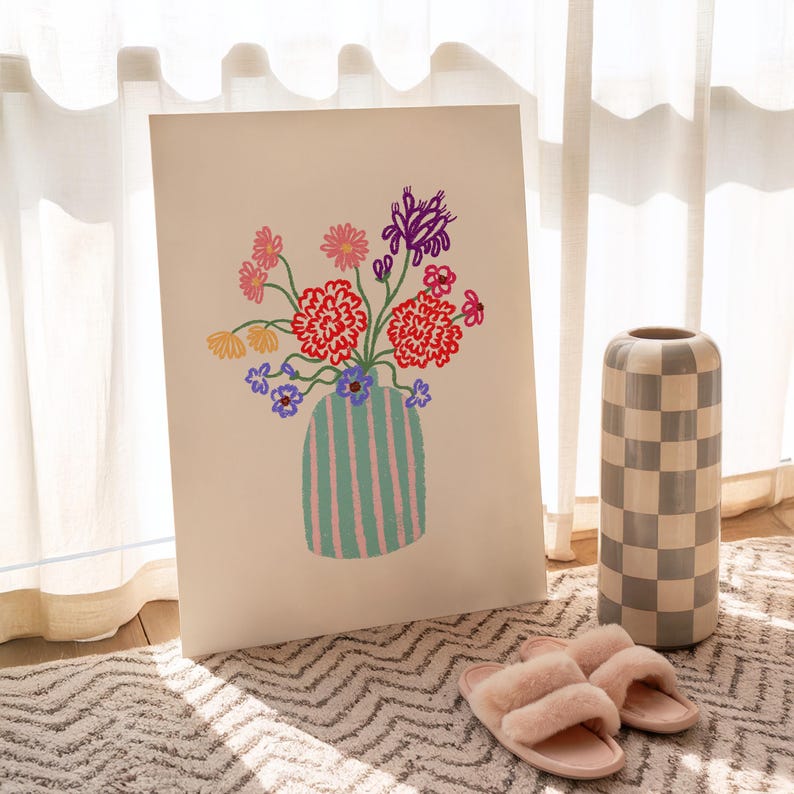 Flower Vase Print, Still Life Abstract Floral Poster, Girly Preppy Wall Art Decor, UNFRAMED