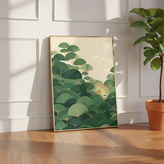 Art Deco Forest Landscape Poster, Japanese Inspired Green Botanical Wall Art Print, Sunrise Minimalist Nature Decor for Living Room Gift Set