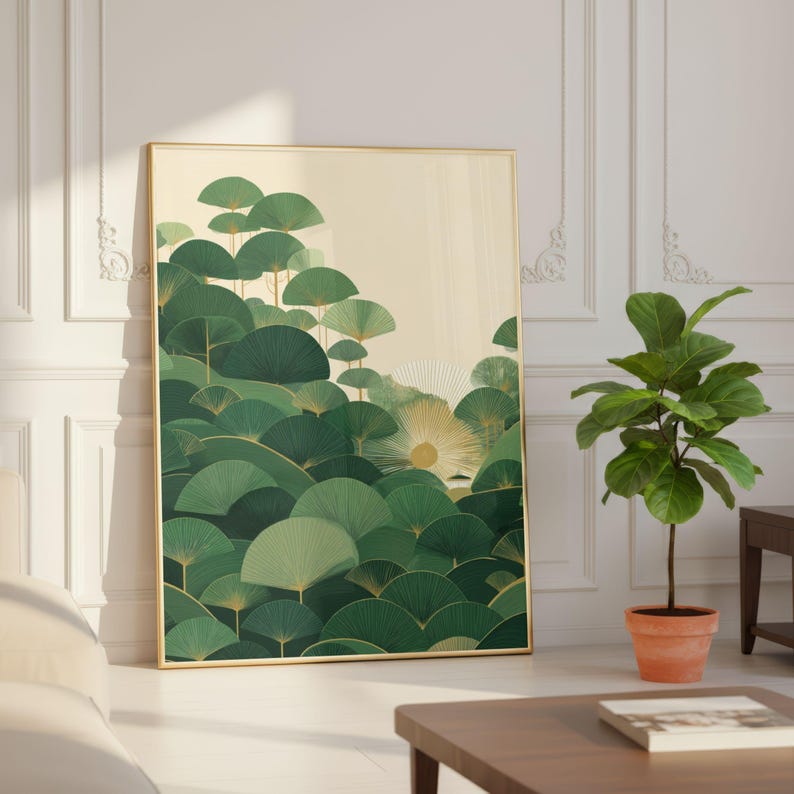 Art Deco Forest Landscape Poster, Japanese Inspired Green Botanical Wall Art Print, Sunrise Minimalist Nature Decor for Living Room Gift Set