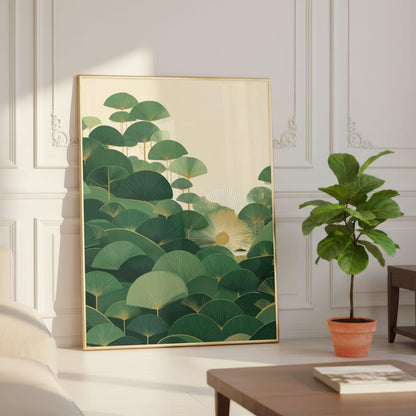 Art Deco Forest Landscape Poster, Japanese Inspired Green Botanical Wall Art Print, Sunrise Minimalist Nature Decor for Living Room Gift Set
