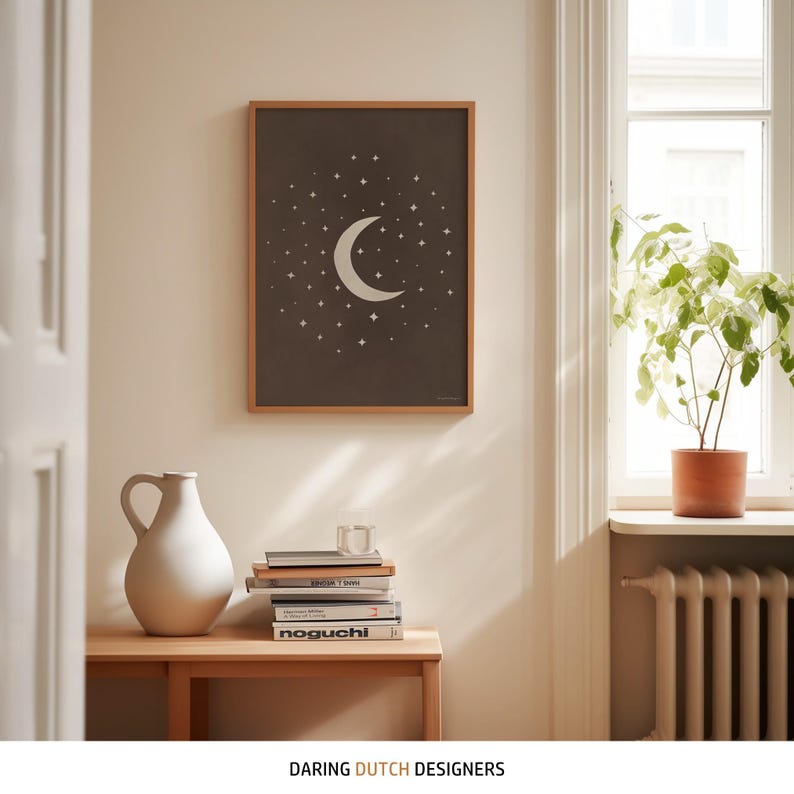 Moon and Stars Wall Art – Bohemian Boho Poster in Neutral Brown for Nursery or Bedroom