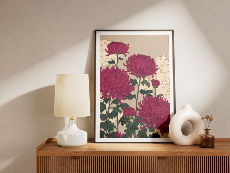 Vibrant Pink Chrysanthemum Flower Art Print Japanese Inspired Botanical Wall Decor Elegant Oriental Floral Poster Nature Lover Gift Idea