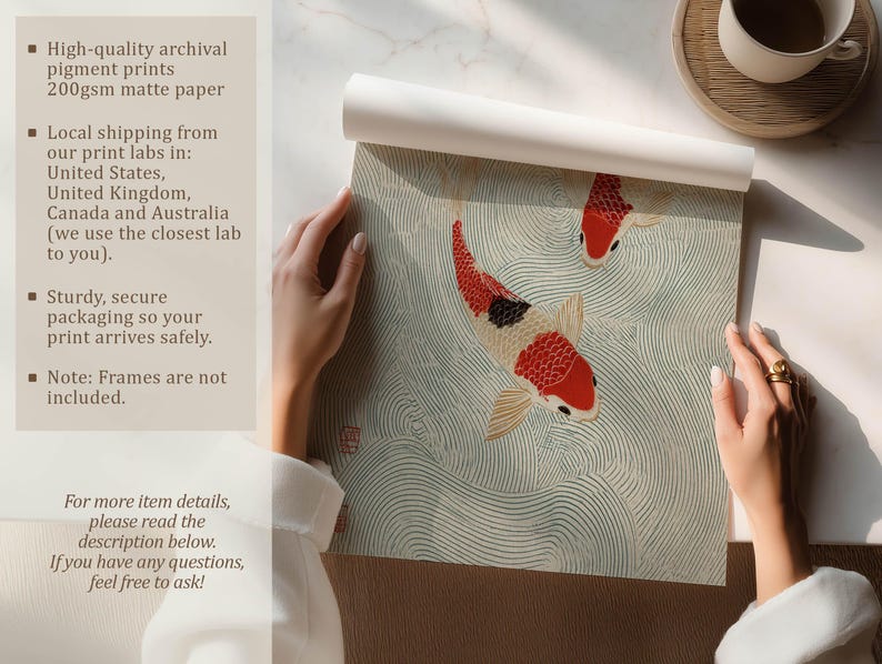 Red and Cream Koi in Water Japanese Art Print Minimalist Wabi Sabi Inspired Poster