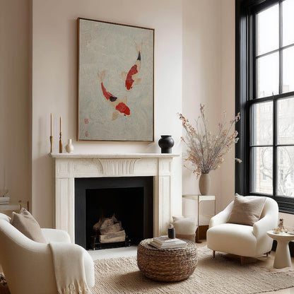 Red and Cream Koi in Water Japanese Art Print Minimalist Wabi Sabi Inspired Poster