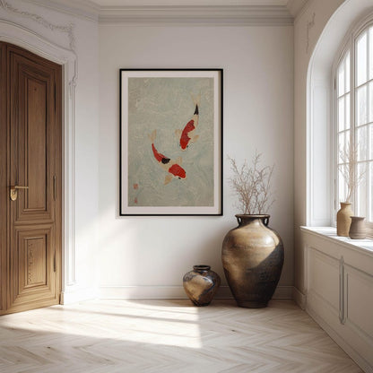 Red and Cream Koi in Water Japanese Art Print Minimalist Wabi Sabi Inspired Poster