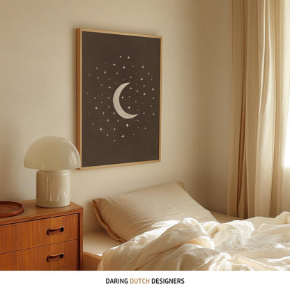 Moon and Stars Wall Art – Bohemian Boho Poster in Neutral Brown for Nursery or Bedroom