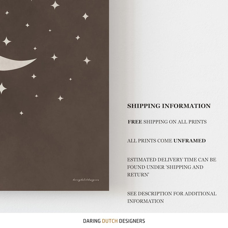 Moon and Stars Wall Art – Bohemian Boho Poster in Neutral Brown for Nursery or Bedroom