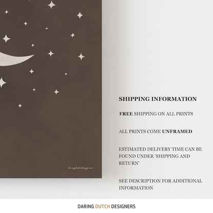 Moon and Stars Wall Art – Bohemian Boho Poster in Neutral Brown for Nursery or Bedroom