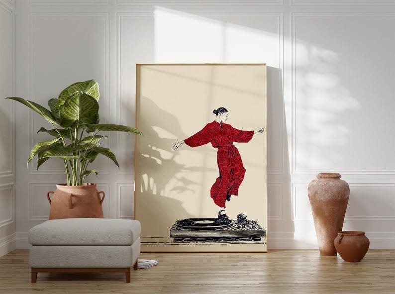 Red Dancer Illustration Poster | Vinyl Turntable Music Art | Minimal Line Figure Print