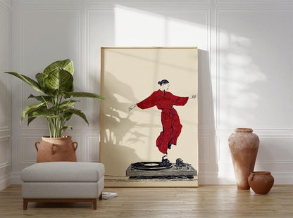 Red Dancer Illustration Poster | Vinyl Turntable Music Art | Minimal Line Figure Print