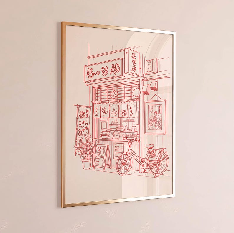 Vintage Ramen Shop Line Art Poster, Japanese Street Food Print