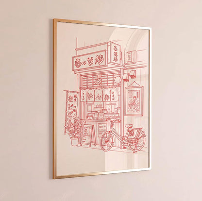 Vintage Ramen Shop Line Art Poster, Japanese Street Food Print