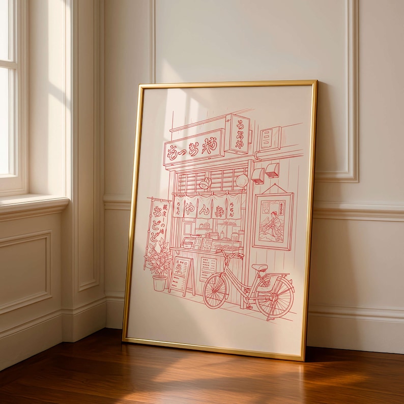 Vintage Ramen Shop Line Art Poster, Japanese Street Food Print